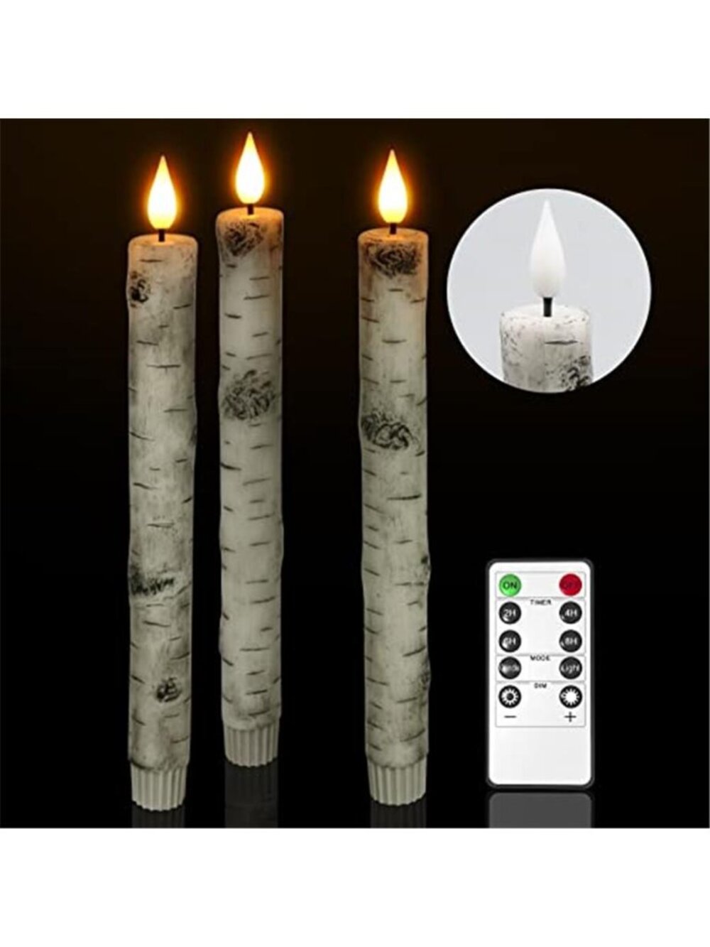Flameless Taper Candles Remote Timer Birch Bark LED Battery Flickering 3 Pack